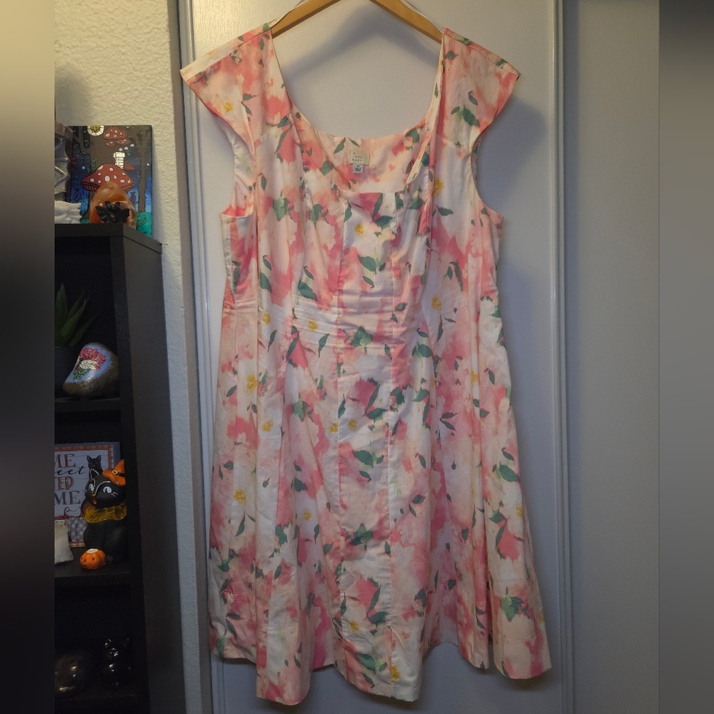 A New Day White & Pink Floral Knee Length Dress Plus Size 17